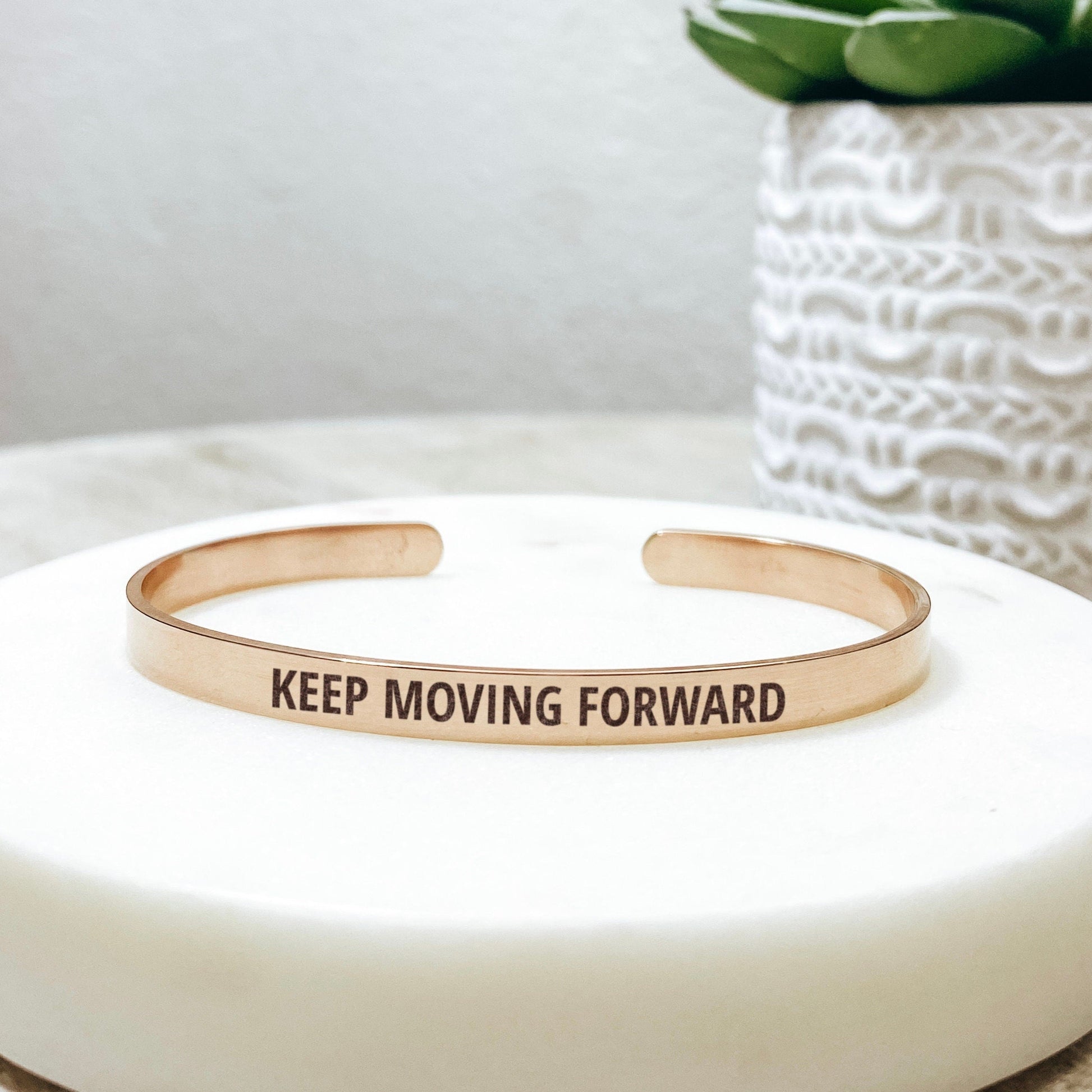 Keep Moving Forward Cuff Bracelet 14k Gold Plated Stainless Steel Inspirational Bracelet Handmade Jewelry Made in USA - Avy + Tay