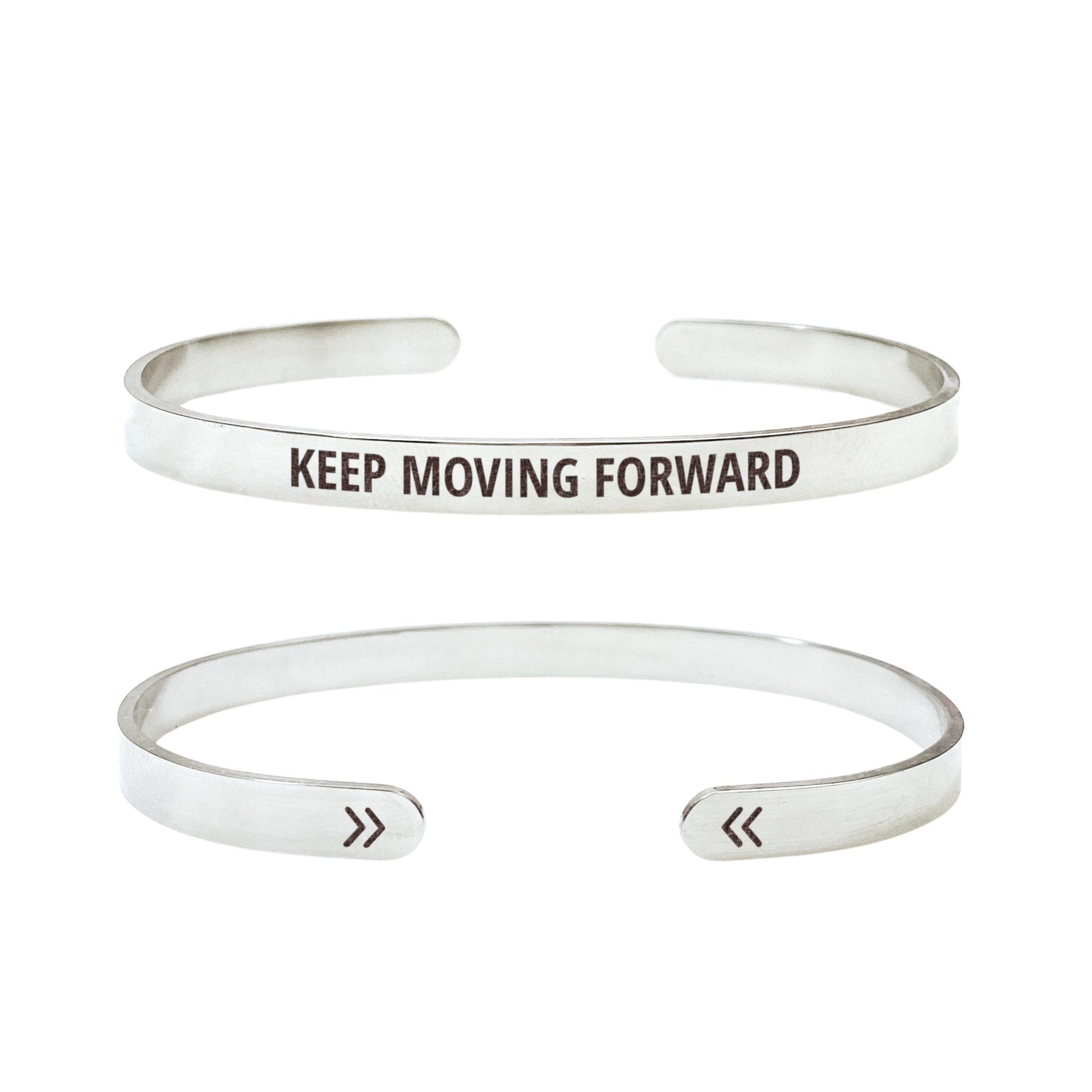 Keep Moving Forward Cuff Bracelet 14k Gold Plated Stainless Steel Inspirational Bracelet Handmade Jewelry Made in USA - Avy + Tay