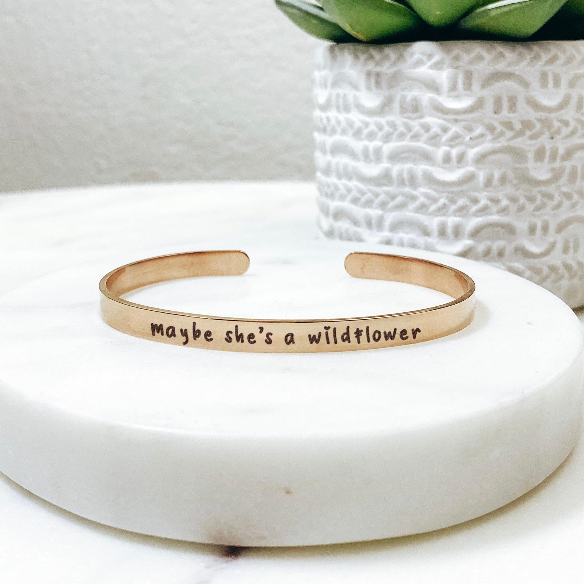 Maybe She's A Wildflower Cuff Bracelet 14k Gold Plated Stainless Steel Inspirational Bracelet Handmade Jewelry Made in USA - Avy + Tay