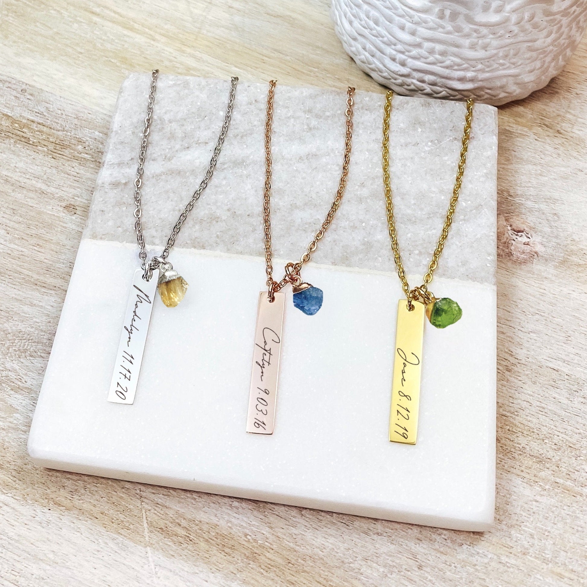 NAME + RAW BIRTHSTONE BAR NECKLACE - Avy + Tay