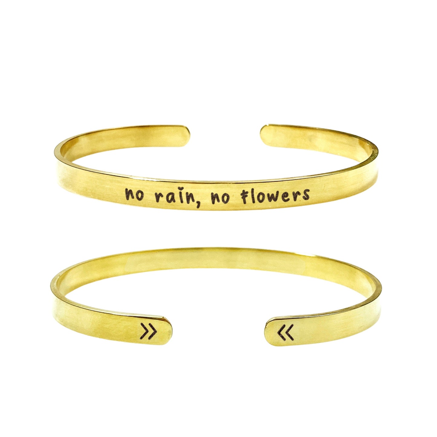 No Rain No Flowers Cuff Bracelet 14k Gold Plated Stainless Steel Inspirational Bracelet Handmade Jewelry Made in USA - Avy + Tay