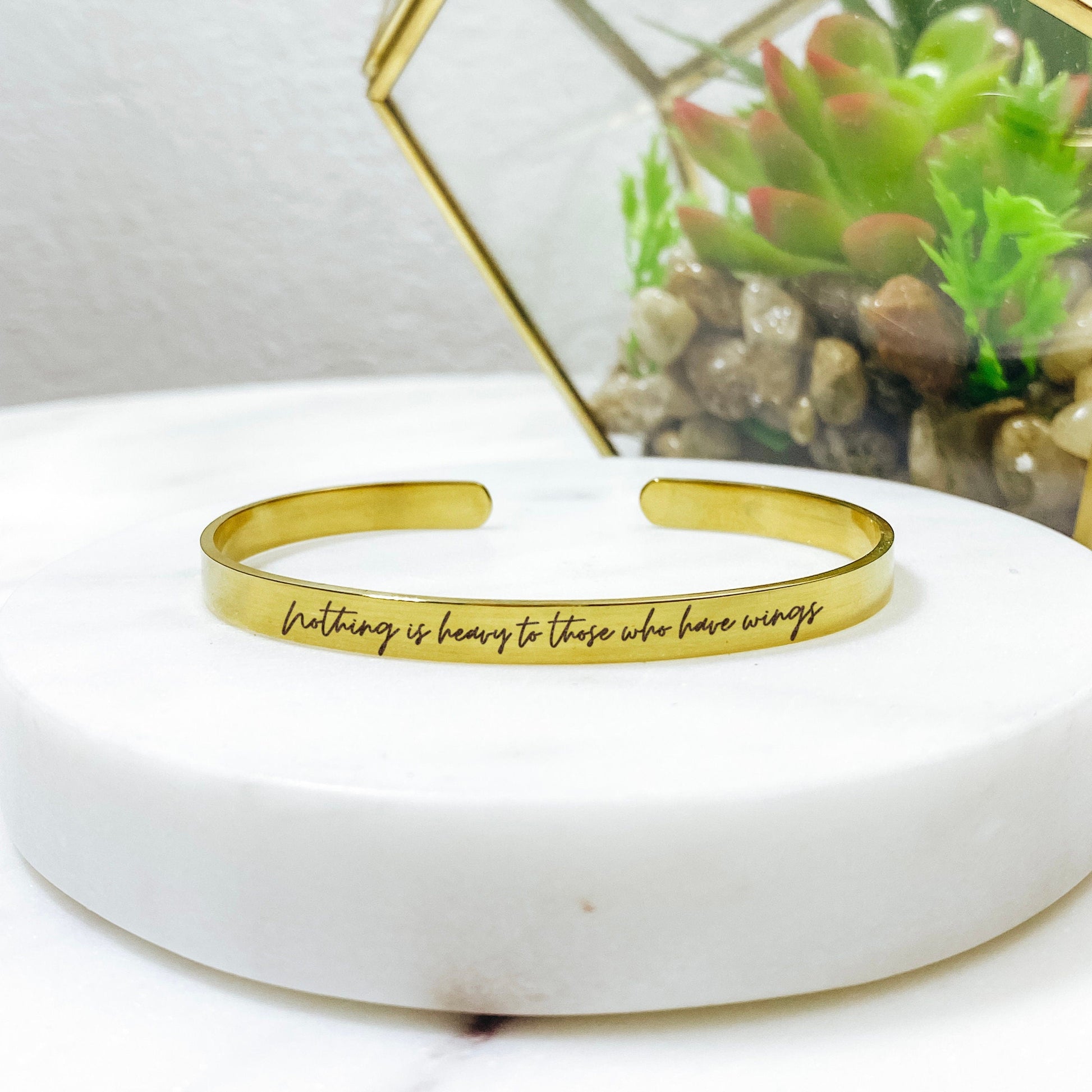 Nothing Is Heavy To Those Who Have Wings Cuff Bracelet 14k Gold Plated Stainless Steel Inspirational Bracelet Handmade Jewelry Made in USA - Avy + Tay