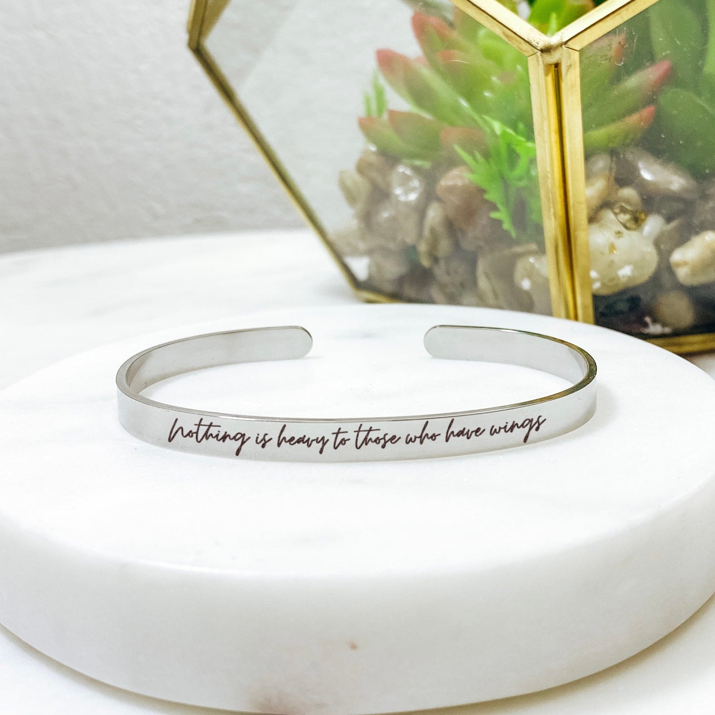 Nothing Is Heavy To Those Who Have Wings Cuff Bracelet 14k Gold Plated Stainless Steel Inspirational Bracelet Handmade Jewelry Made in USA - Avy + Tay