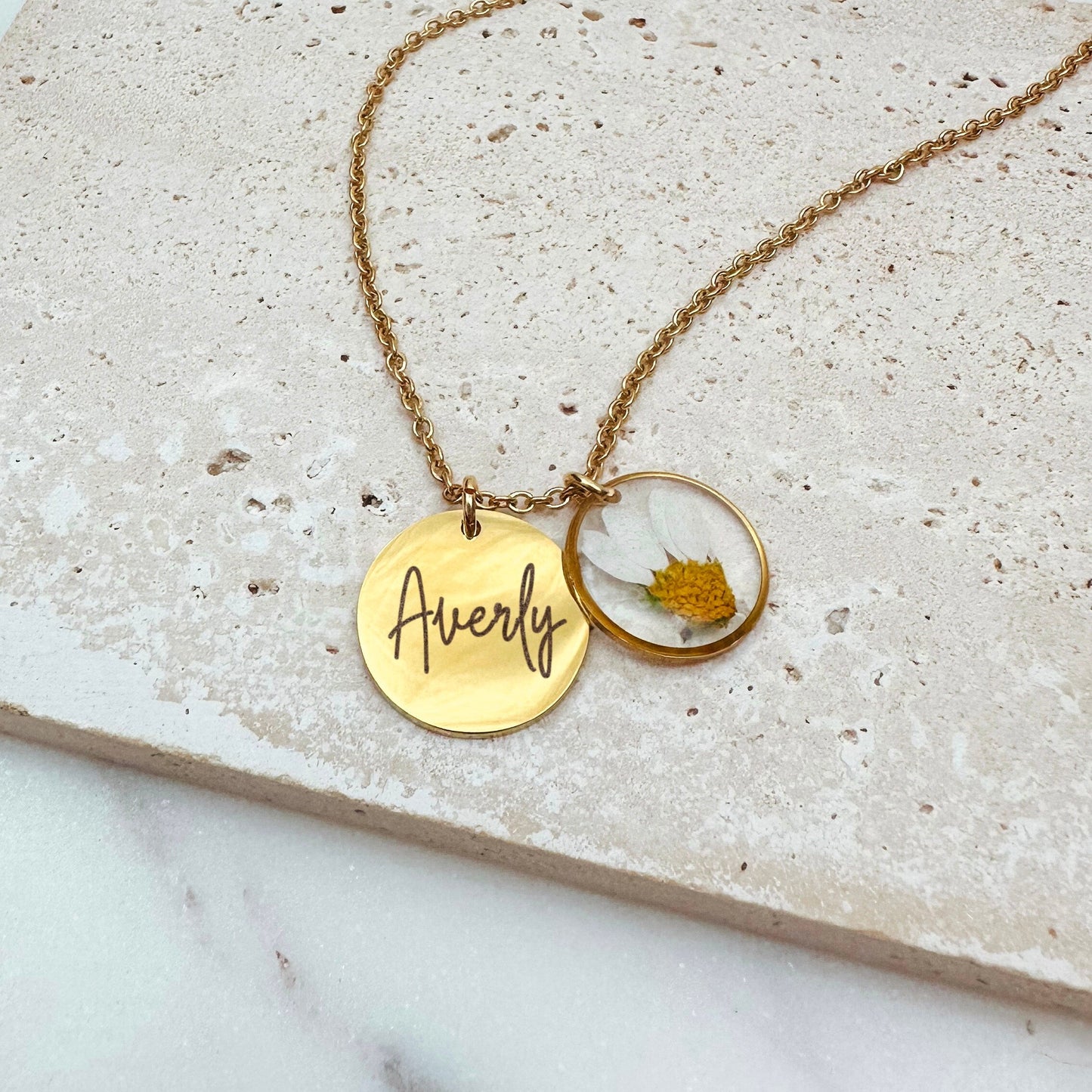 PERSONALIZED NAME + REAL BIRTH FLOWER NECKLACE - Avy + Tay