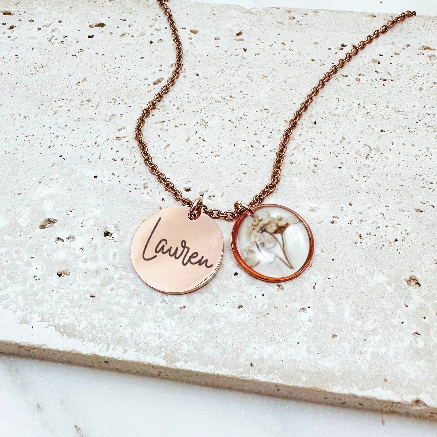 PERSONALIZED NAME + REAL BIRTH FLOWER NECKLACE - Avy + Tay