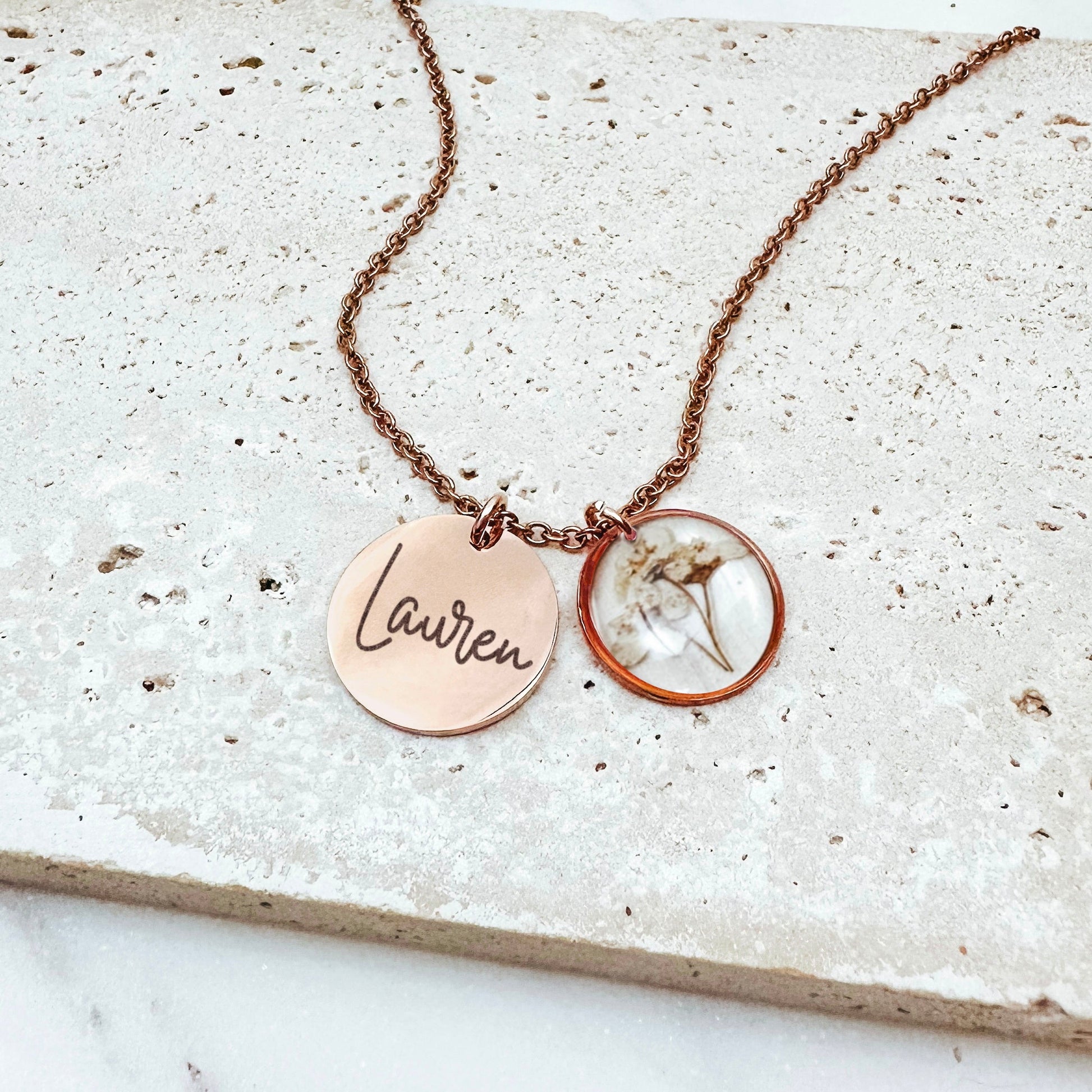 PERSONALIZED NAME + REAL BIRTH FLOWER NECKLACE - Avy + Tay