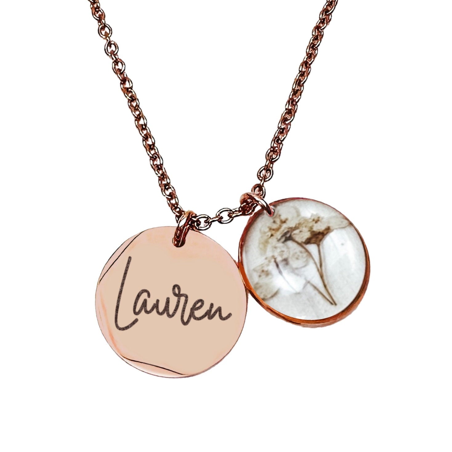 PERSONALIZED NAME + REAL BIRTH FLOWER NECKLACE - Avy + Tay