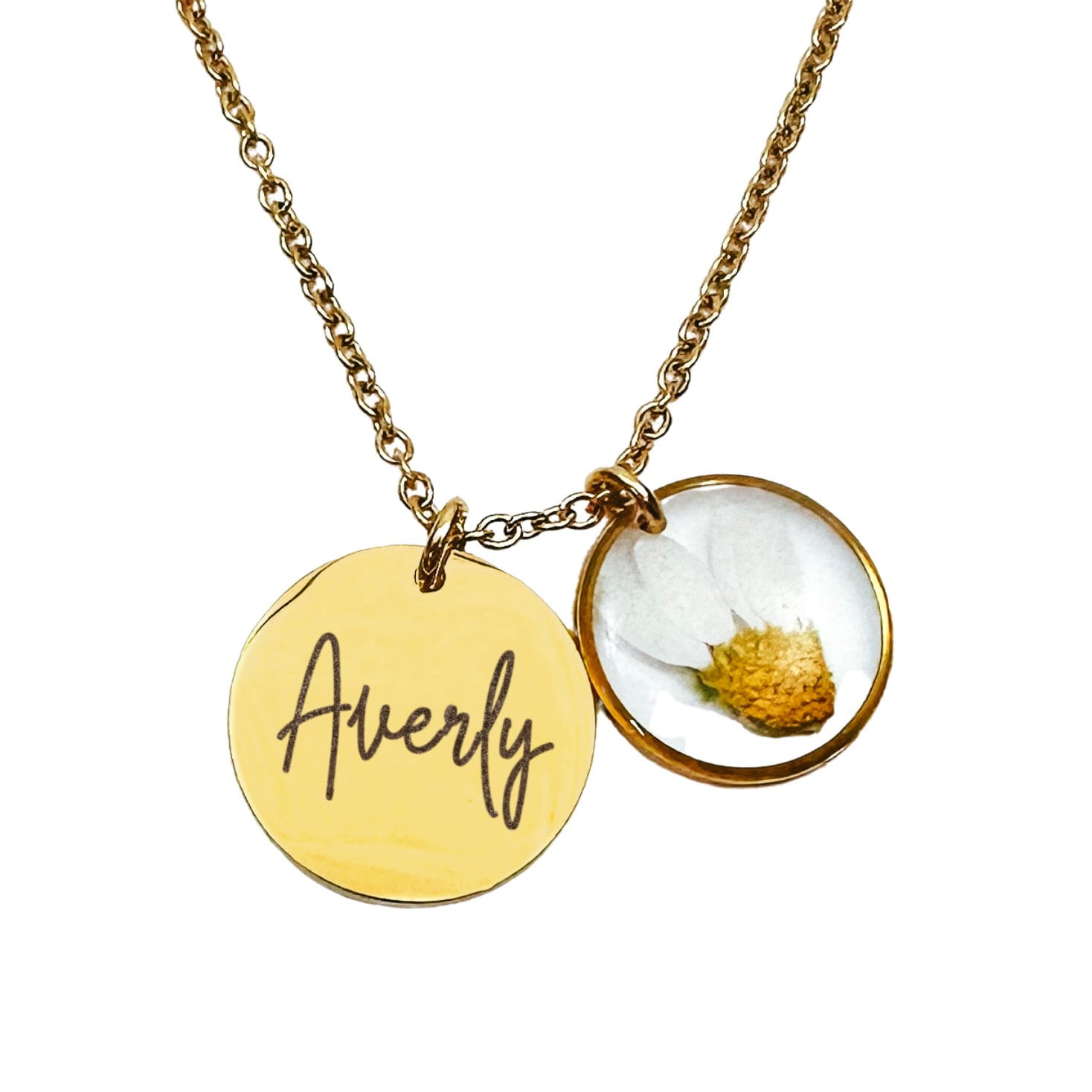 PERSONALIZED NAME + REAL BIRTH FLOWER NECKLACE - Avy + Tay