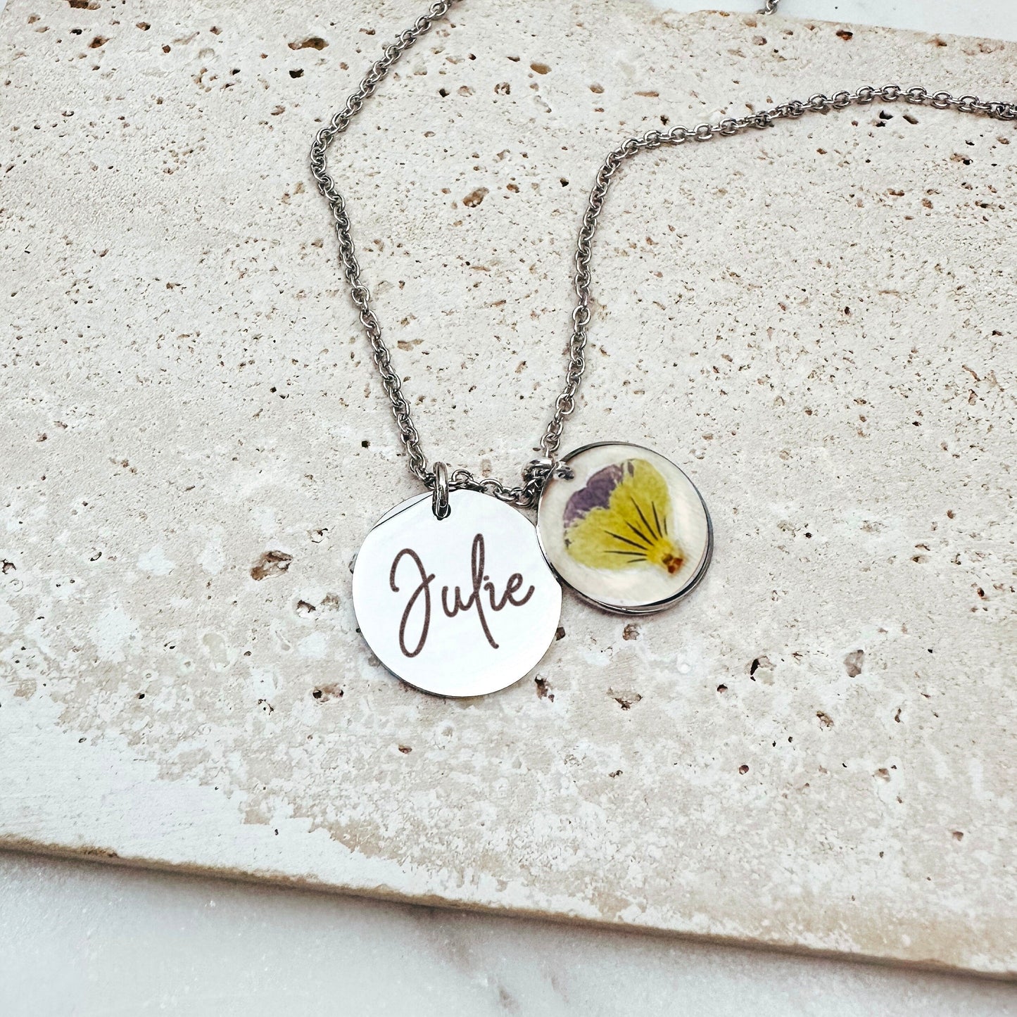 PERSONALIZED NAME + REAL BIRTH FLOWER NECKLACE - Avy + Tay