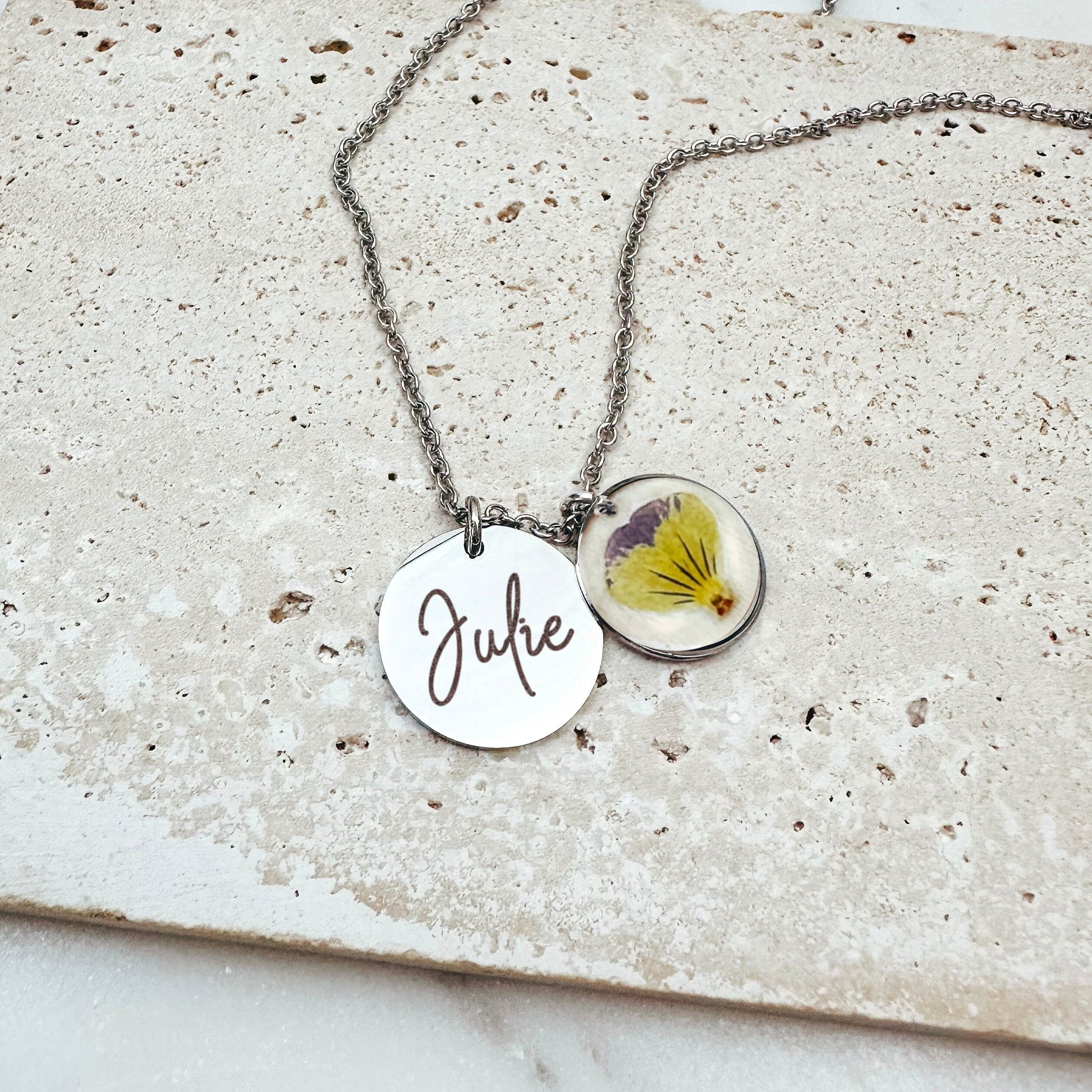 PERSONALIZED NAME + REAL BIRTH FLOWER NECKLACE - Avy + Tay