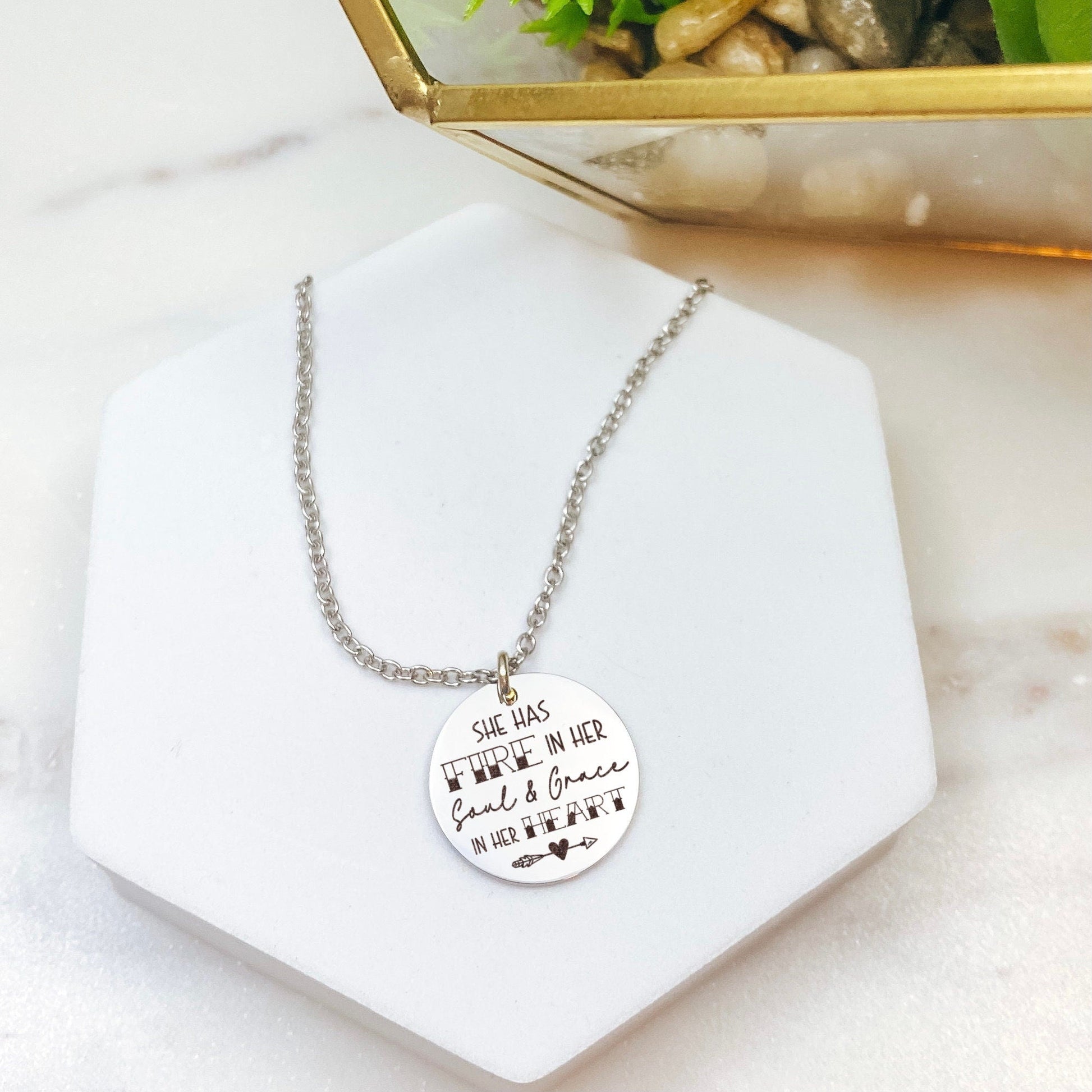 She Has Fire In Her Soul And Grace In Her Heart Necklace 14k Gold Plated Stainless Steel Inspirational Necklace Handmade Jewelry Made in USA - Avy + Tay