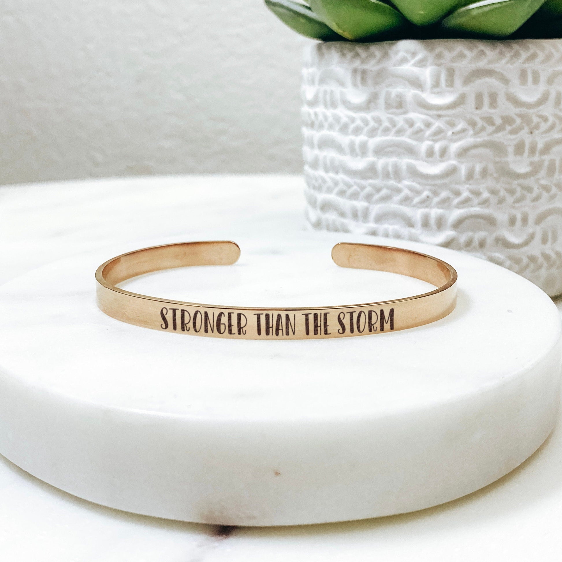 Stronger Than The Storm Cuff Bracelet 14k Gold Plated Stainless Steel Inspirational Bracelet Handmade Jewelry Made in USA - Avy + Tay