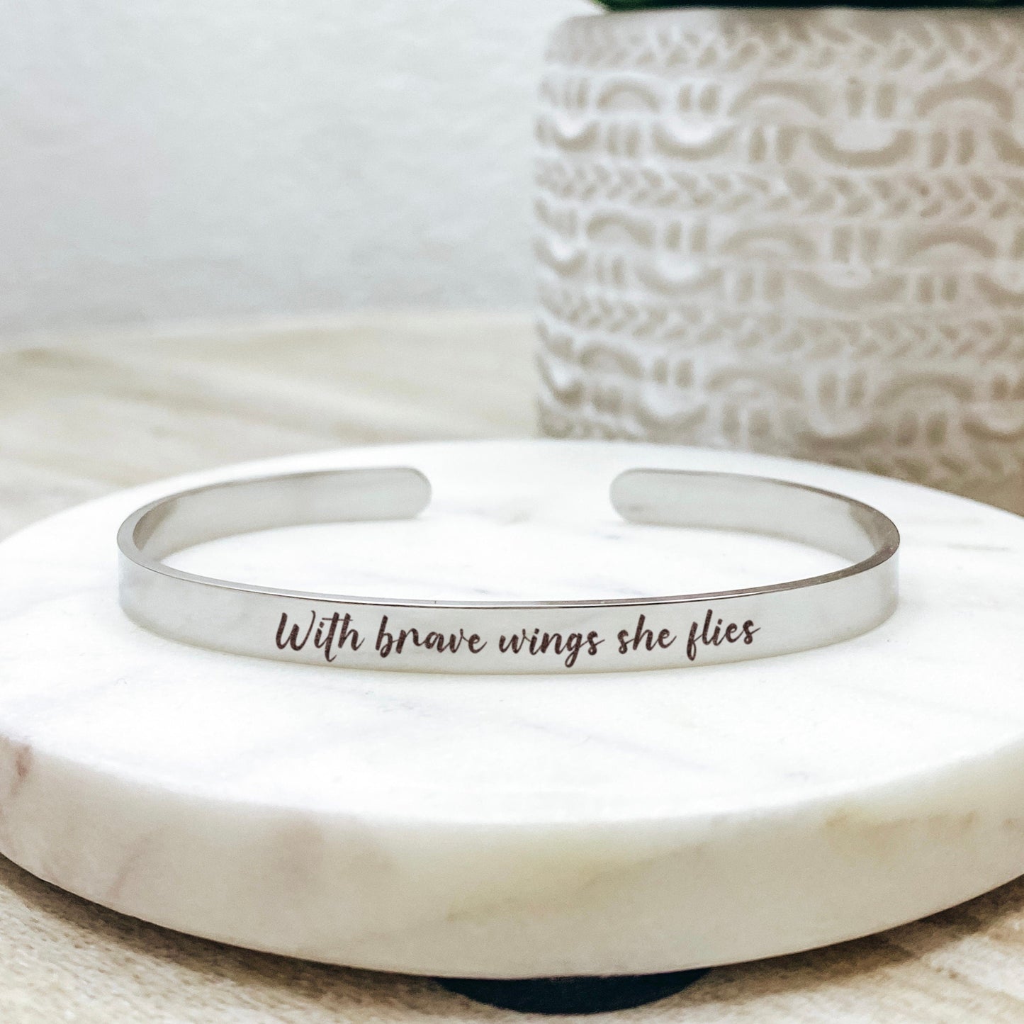 With Brave Wings She Flies Cuff Bracelet 14k Gold Plated Stainless Steel Inspirational Bracelet Handmade Jewelry Made in USA - Avy + Tay