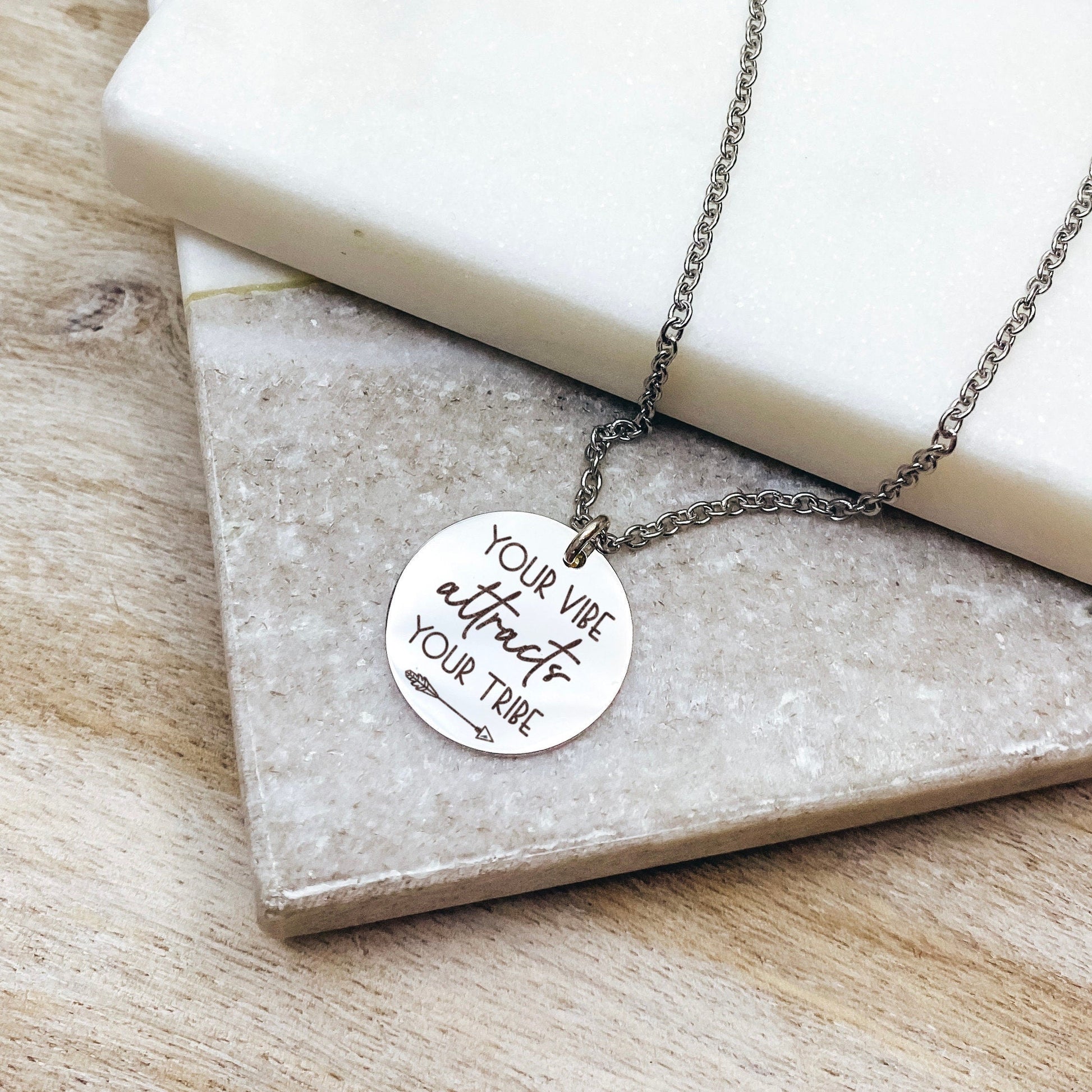 Your Vibe Attracts Your Tribe Necklace 14k Gold Plated Stainless Steel Inspirational Necklace Handmade Jewelry Made in USA - Avy + Tay