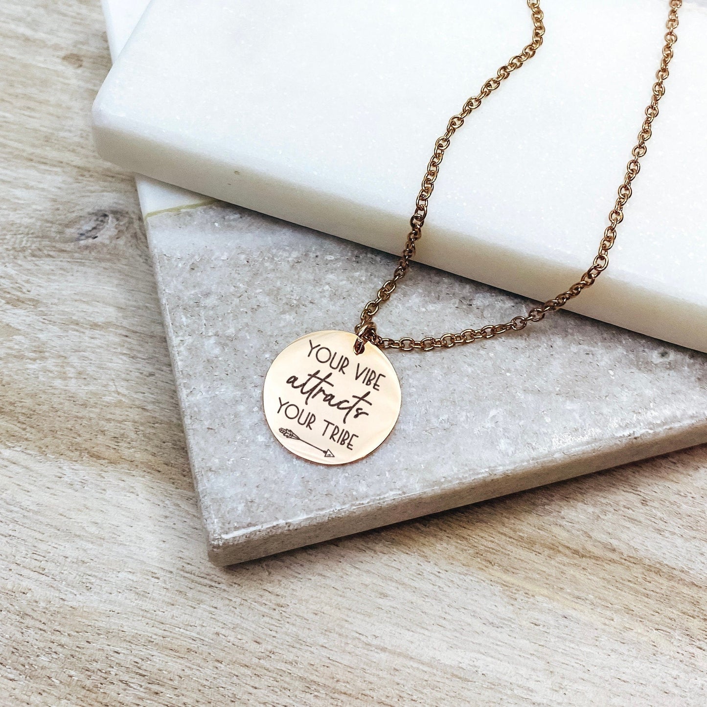 Your Vibe Attracts Your Tribe Necklace 14k Gold Plated Stainless Steel Inspirational Necklace Handmade Jewelry Made in USA - Avy + Tay